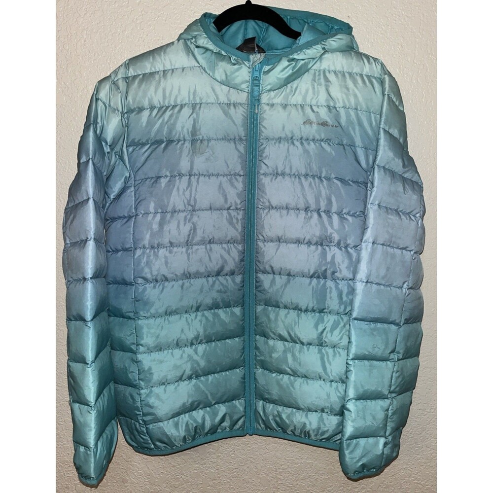 Eddie Bauer Outdoors Hooded Puffer Jacket Girl Kids Size XL Ombré Aqua Blue
